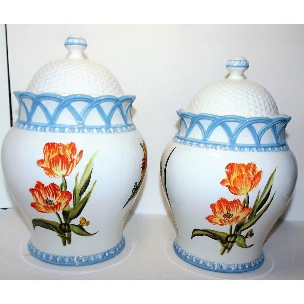 Raymond Waites Hampton Garden 2 Vintage Canisters W/Lids white blue floral